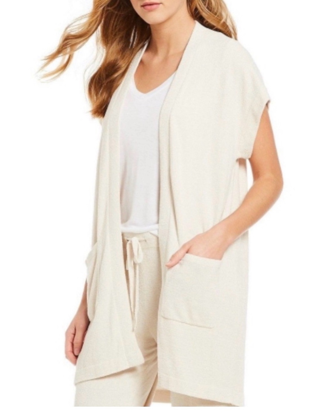 Barefoot Dreams Soft Knit Open-Front Sleeveless Vest in Light Taupe